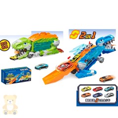 Трейлер динозавр (рухлива щелепа), 34см, 2в1 (трек 47,5см), машинка 2шт (метал, 6см, мікс видів), 2 кольори, в кор-ці, 34-15-13см 