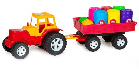 Трактор с прицепом и бочонками (красный)