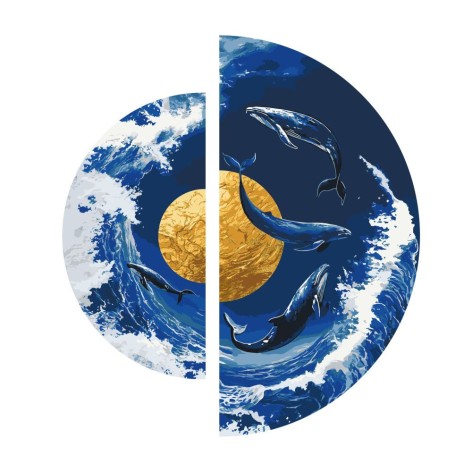 Картина по номерам с красками металлик Origami "Танец китов у золотой планеты" полукруга 67x33,5 см и 49x24,2 см (OSR1002)