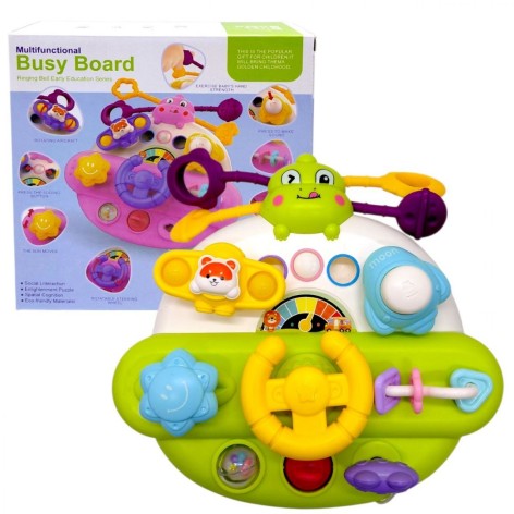 Бізіборд “Кермо”, гумові мотузочки, спінер, пальчикові ігри, попіт, пискавка, тріскачка, замок запалювання, 2 кріплення на липучках, в коробці (ЗЕЛЕНИЙ)