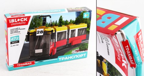 УЦЕНКА 30% Конструктор iBlock ТРАНСПОРТ Трамвай  3-х секційний 472 дет., інструкція та наліпки у комплекті, кор.46*28,5*6,4см 