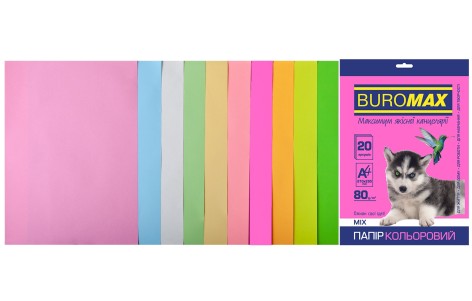 Набір кольорового паперу А4, 80г/м2, Pastel+Neon, 10 кольорів, 20л.
