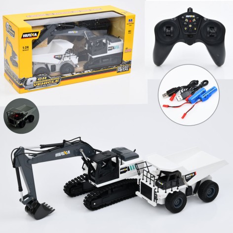 Р/К стройтехника 2,4G (пульт 2шт), набор игровой, 2шт(самосвал 20см, экскаватор34см), акум, 1:24, свет, подвижные детали, USBзарядное, 2 цвета, в кор-ке, 42,5-21, 5-15см 