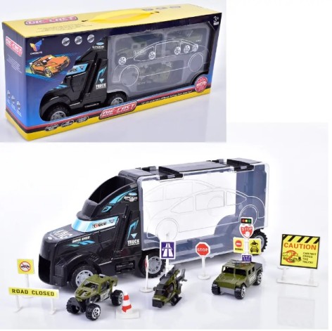 Набор с транспортом трейлер/гараж, 30см, военная техника (металл) 3шт 7см, дорожные знаки, микс видов, в кор-ке, 31,5-13-7,5см 