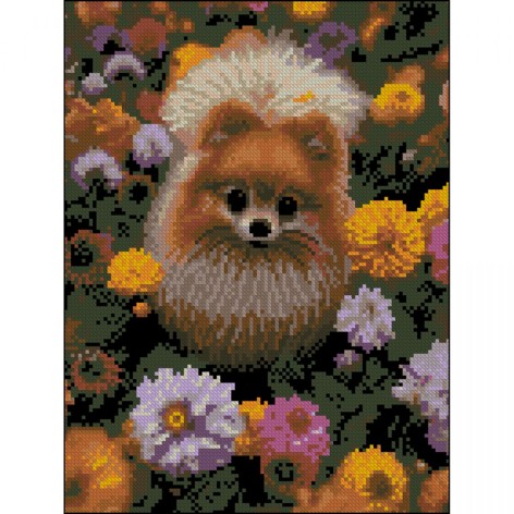 Алмазная мозаика (картина) "Шпиц в цветах" 30х40 см