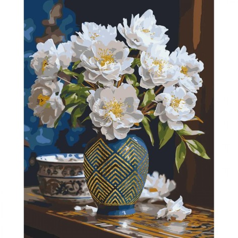 Картина за номерами Білі квіти у вазі з фарбами металік золото 50*60 см Орігамі LW 31350