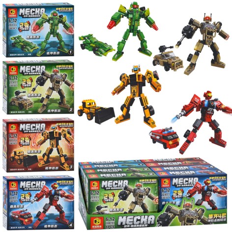 Конструктор 2в1(робот, транспорт), от 107шт, в кор-це, (4 вида) /15/120/8шт в кор.38,5-14,5-7см