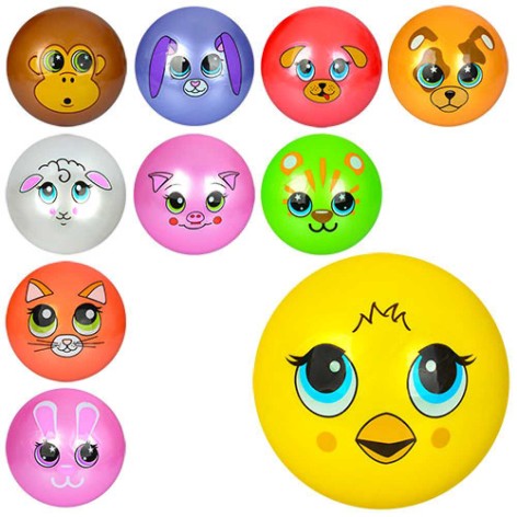 Мяч дитячий 9 дюймів, одностикерний, ПВХ, 60-65г, 10видів (мордашки тварин) /120/