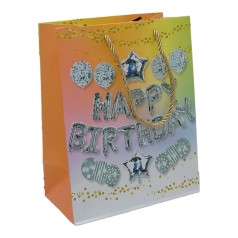Пакет подарочный "Happy Birthday" (18х10х23 см.), серебристо-желтый