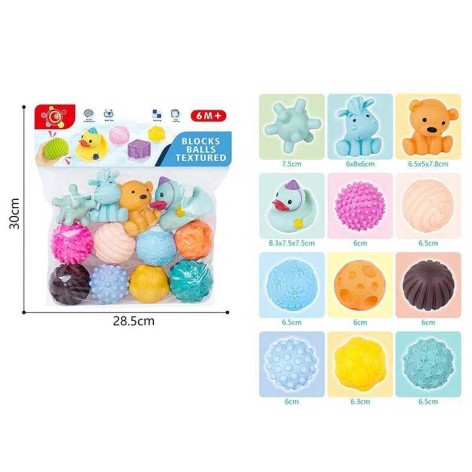 Сенсорные игрушки 12 шт, животные и мячики, в п/е 