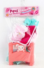 УЦЕНКА 20% Ліжечко для пупса,40см,ліжко,підгуз,пляшка,соска,іграшка,2вид,у куль,27-50-7см 