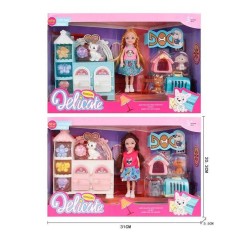 Кукла 2 вида, 3 любимца, будка, переноска, высота куклы 14см, тумба, двери открываются, заколки, в кор. /96-2/