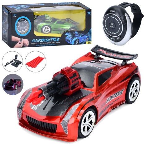 Р/К машина 2,4G, 19,5см, пульт-браслет, акум, стріляє кулями, звук, світло, гумові колеса, USB зарядне, 2 кольори, в кор-ці, 34-15,5-13см 