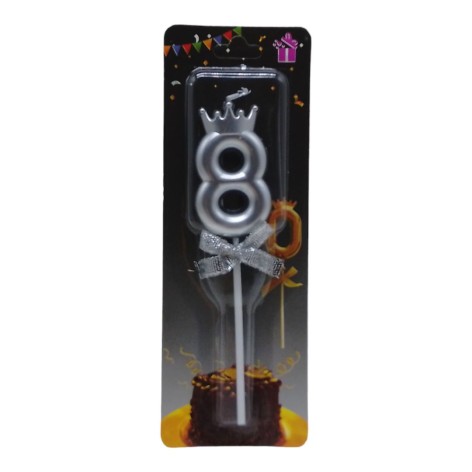 Свеча для торта "Цифра 8 с короной", серебристая