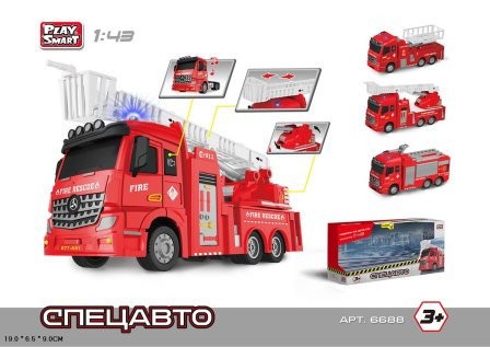 Іграшкова модель пожежна машина Play Smart 6688 ''Спецавто'' металева, інерційна, з музикою, світло, 3 види в коробці 19*6,5*9