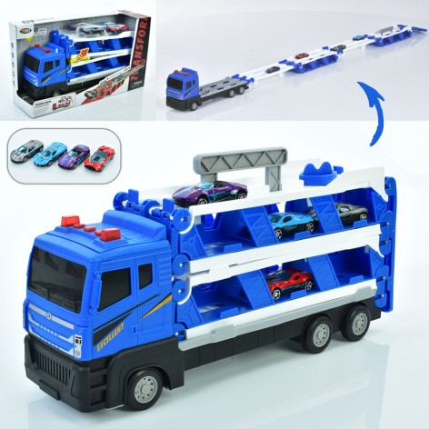 Трейлер інерція, 37см, машинка 7см (4шт), звук, світло, на бат-ці (табл), рухомі деталі, в кор-ці, 41-23-12см 