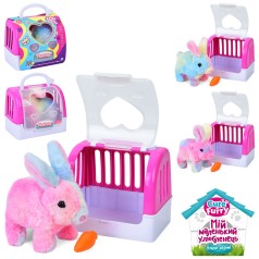 Тварина зайчик, 16см, ходит, звук, плюш, 3 цвета, на бат-ц, в переноске, в п/е 18-15-12см 