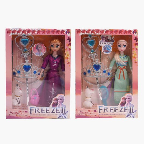 Кукла 2 вида, высота 28 см, резкая голова, шарнирные суставы на руках, резная фигурка героя, корона, волшебная палочка, сумочка, в кор. /96-2/