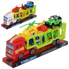 Трейлер инерция, 32см, вертолет, машинка 2шт, мотоцикл 2шт, микс цветов, в слюде, 34,5-15-7см /36/