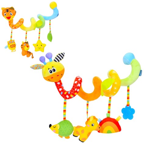 Подвеска 33см, на кровать, спираль, погремушка, пискавка, прорезыватель, плюш, 2 вида(животные), в п/э, 22-17-7см 