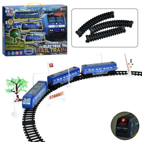 Железная дорога 462см, локомотив, 2 вагона, звук, свет, дерево, дорожные знаки, 24шт, на бат-ц, в кор-ц, 45,5-35,5-6,5см /18/