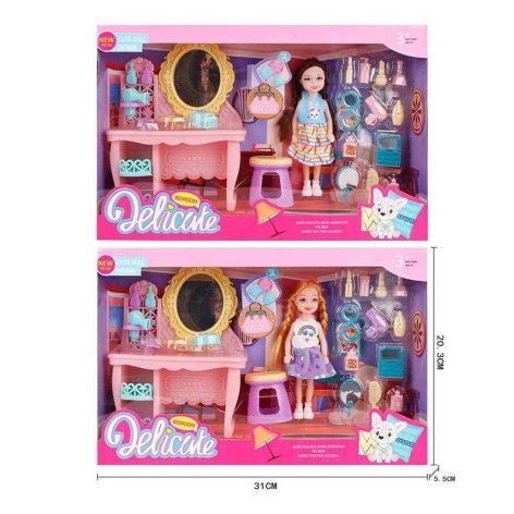 Лялька 2 види, трюмо з дзеркалом, стільчик, палетка, парфуми, висота ляльки 14см, в кор. /96-2/