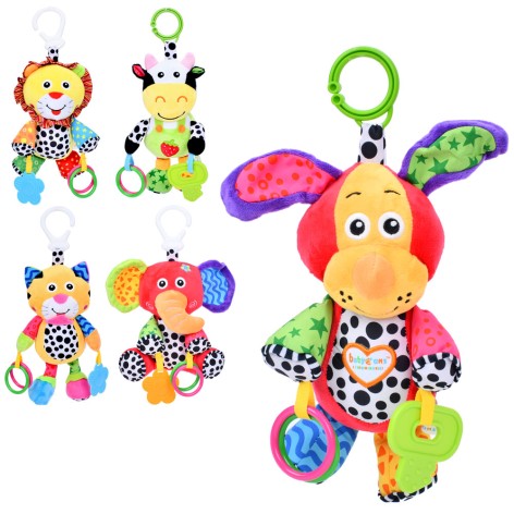 Подвеска мягкая на коляску, 34см, погремушка, прорезыватель, 5 видов(животные), в п/э, 13-20-8см 