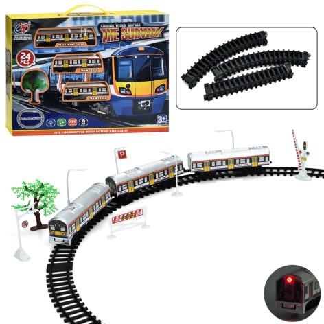 Железная дорога 462см, локомотив, 2 вагона, звук, свет, дорожные знаки, 24шт, на бат-ц, в кор-ц, 45,5-35,5-6,5см /18/