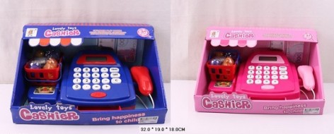 Кассовый аппарат детский 2 вида, на батарейках, калькулятор, с продуктами в корзине, сканер 32*19*18 см