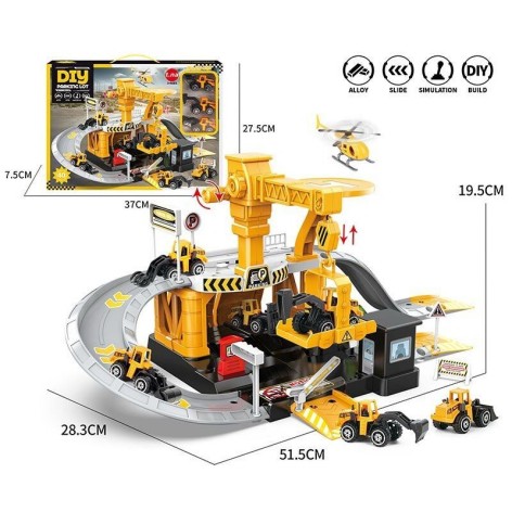 Паркинг Строительная площадка 40 элементов, длина 52см, механический подъемник, 3 металлопластиковых машинки, вертолет, в коробке