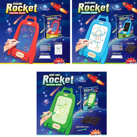Доска для рисования, ракета 23-34см, маркеры 4шт, трафареты, 3 цвета, на бат-ц, 23,5-34-2,5см 