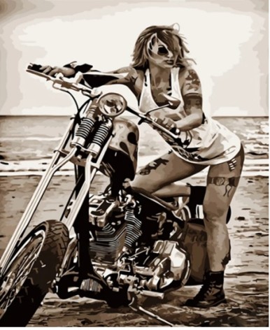 Набор для росписи по номерам Девушка возле байка Strateg размером 40х50 см (HH074)