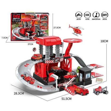 Паркинг Пожарная станция 43 элемента, длина 52см, 3 металлопластиковые машинки, вертолет, в коробке