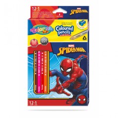 Олівці кольорові трикутні 12 шт., 13 кольорів, чинка, золото, срібло Colorino/Spiderman