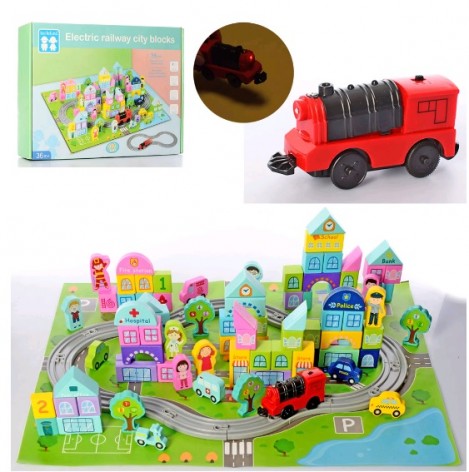 Дерев'яна іграшка Містечко будинку, транспорт, залізничний поїзд на батарейках, 111 деталей, 38,5-28-8 см