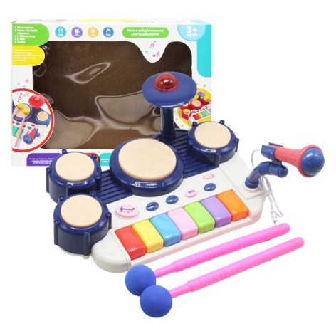Пианино детское с микрофоном и барабанами на батарейках синее