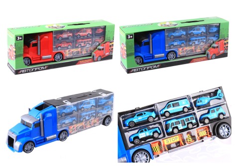 Трейлер игрушечный с машинками Автопром, дорожные знаки в коробке 39,8*13*8,5 см.