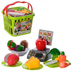 Фрукты и овощи набор детский, половинки, для резки, с весами, с контейнером, с доской для нарезки, нож