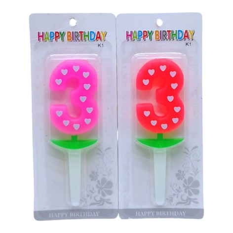 Свічка-цифра неон із серцем "3" 5см (24089)