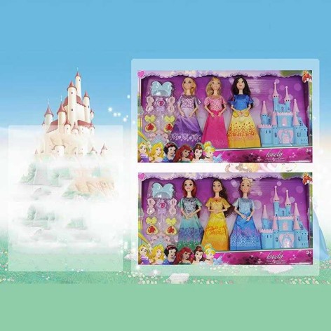 Кукла 3 куклы, принцессы, съемная одежда, руки и ноги с точками артикуляции, аксессуары, замок, высота 28 см, в кор. 
