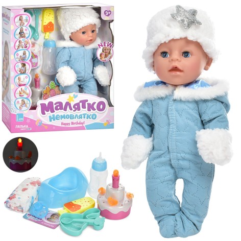 Пупс 34см, торт,бутылка,подгуз,соска,муз,св,пьет-писает,на бат, в кор-ке,32-36-11см 