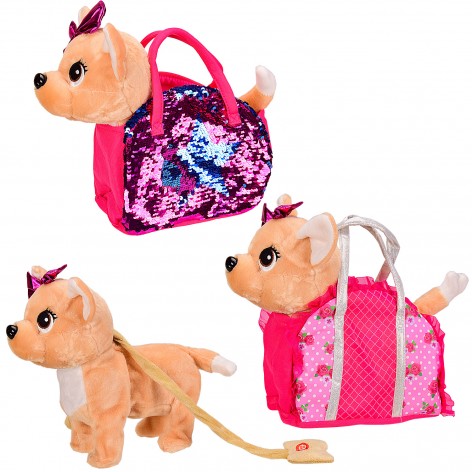 М'яка іграшка музична собачка, (рус) у сумочці, 2 види, розмір собачки 29*10*26 см, розмір сумочки 20*11*17 см