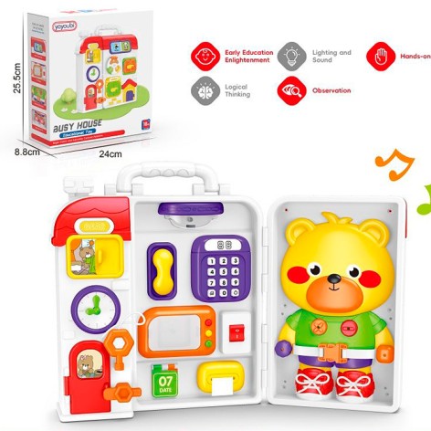 Игра бизиборд, бизибудинок, 22-25-7см/37-25-7см, звук(англ, испан), свет, телефон, часы, замок+ключ, выключатель, медведь, застежка, движущиеся детали, 2 режима громкости, на бат-ц, в кор-це, 24-25,5-9см 