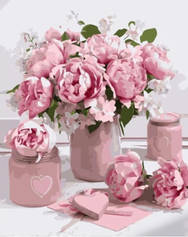 Набір для розпису по номерах Рожеві півонії на столі Strateg розміром 40х50 см (GS1225)