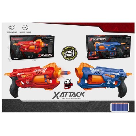 Пистолет 2 цвета, стреляет мягкими патронами, механический принцип работы, 10 патронов, в кор. 