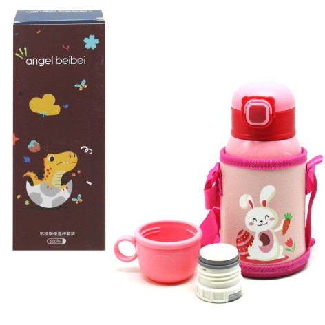 Термос-поильник Angel Beibei с чехлом "Зайка" 500 мл розовая (№0317)
