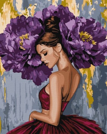 Картина по номерам - "Балерина с пурпурными пионами с красками металлик" ©art_selena_ua, 40х50см