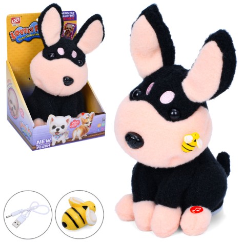 Собака 25см, акум, повтор, звук, плюш, реагирует на пчелу, USBзарядное, подвижное, на бат-ке, в кор-ке, 16-24-15см 