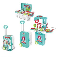 Набір лікаря 2 в 1, трансформується в медичний столик, медичне приладдя, муляжі ліків, знімний кошик, висота столика 66 см, у валізі на колесах 