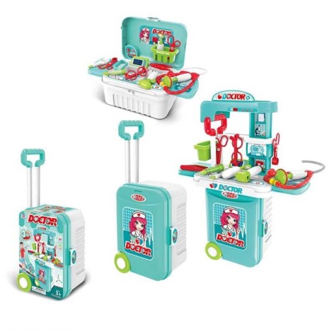 Набір лікаря 2 в 1, трансформується в медичний столик, медичне приладдя, муляжі ліків, знімний кошик, висота столика 66 см, у валізі на колесах 